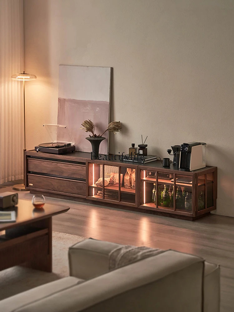 

05-*Black walnut TV cabinet living room household floor solid wood small apartment