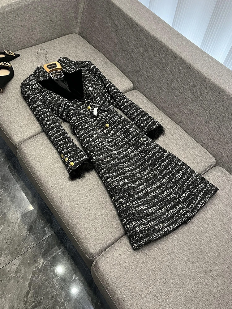 

Retro Woven Woolen Coat Medium Length Tassel Trim Wool Mix Fabric Long Sve Women's Premium Feel Autumn Winter Outerwear