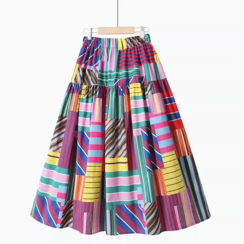 

Korean Fashion Summer Women's Elastic Waist Rainbow Stripe Contrast Color Office Lady Versatile High Waist Loose A-line Skirt