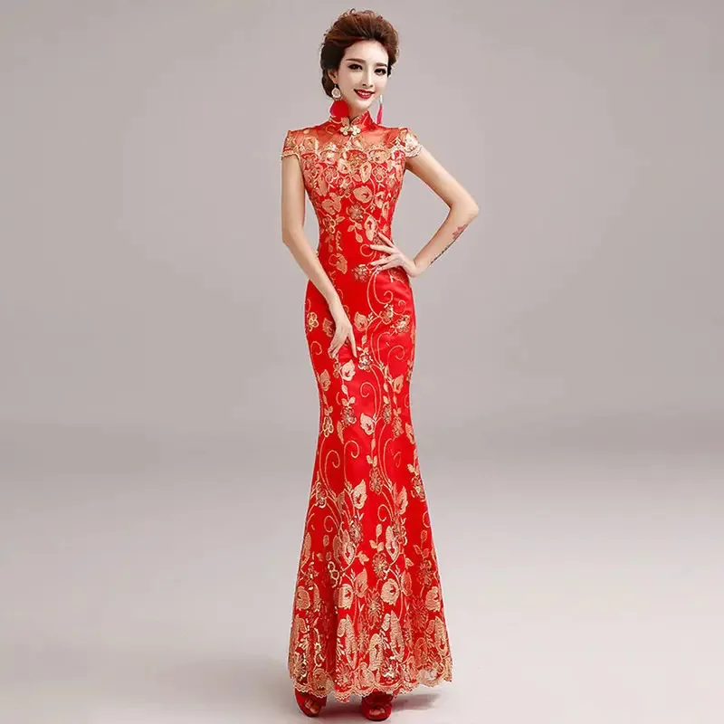 

Female Long Short Sleeve Cheongsam Gold Sequin and Embroidery Chinese Traditional Dress Women Qipao Red Chinese Wedding Dress