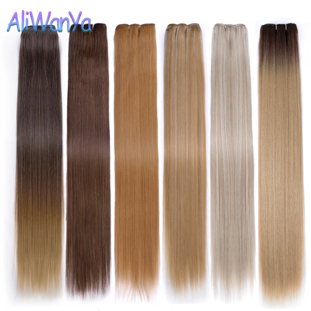 Synthetic Hair Extensions Straight Hair Bundles 26“ Omber Blonde High Temperature Fiber Yaki Straight Hair Weaving Full to End