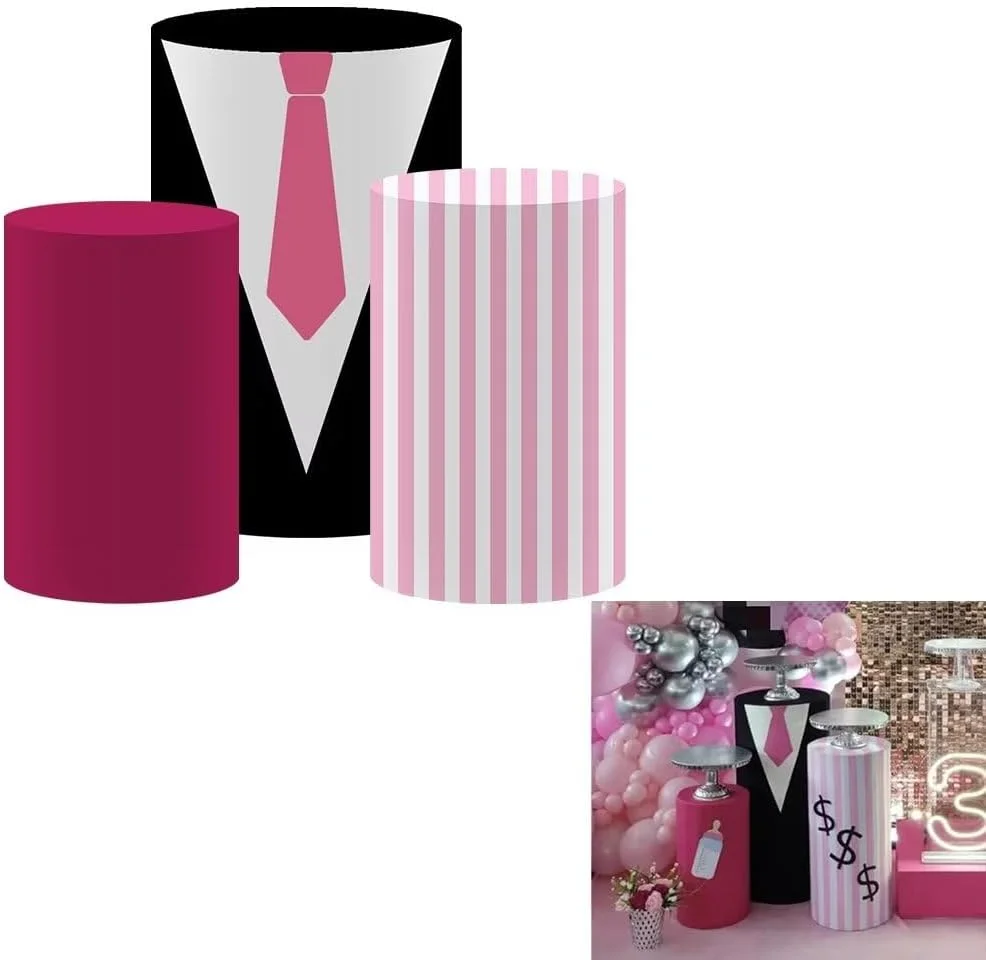 Pink Bow Tie Pedestal Stretchy Fabric Covers for Boss Birthday Parties Cylinder Plinth Cover Baby Shower Party Favors Banquets