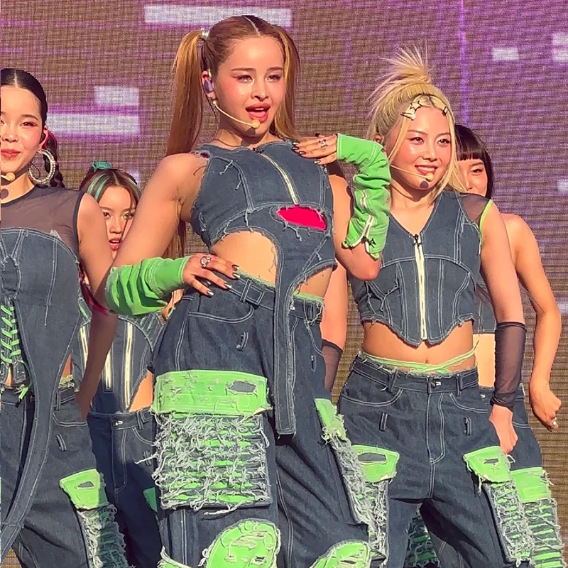 

New 2024 Girls' Singing Costume Jazz Dance Performance Dress Denim Pants Set Women's Stage Dance Outfits K-POP Clothing VBH111