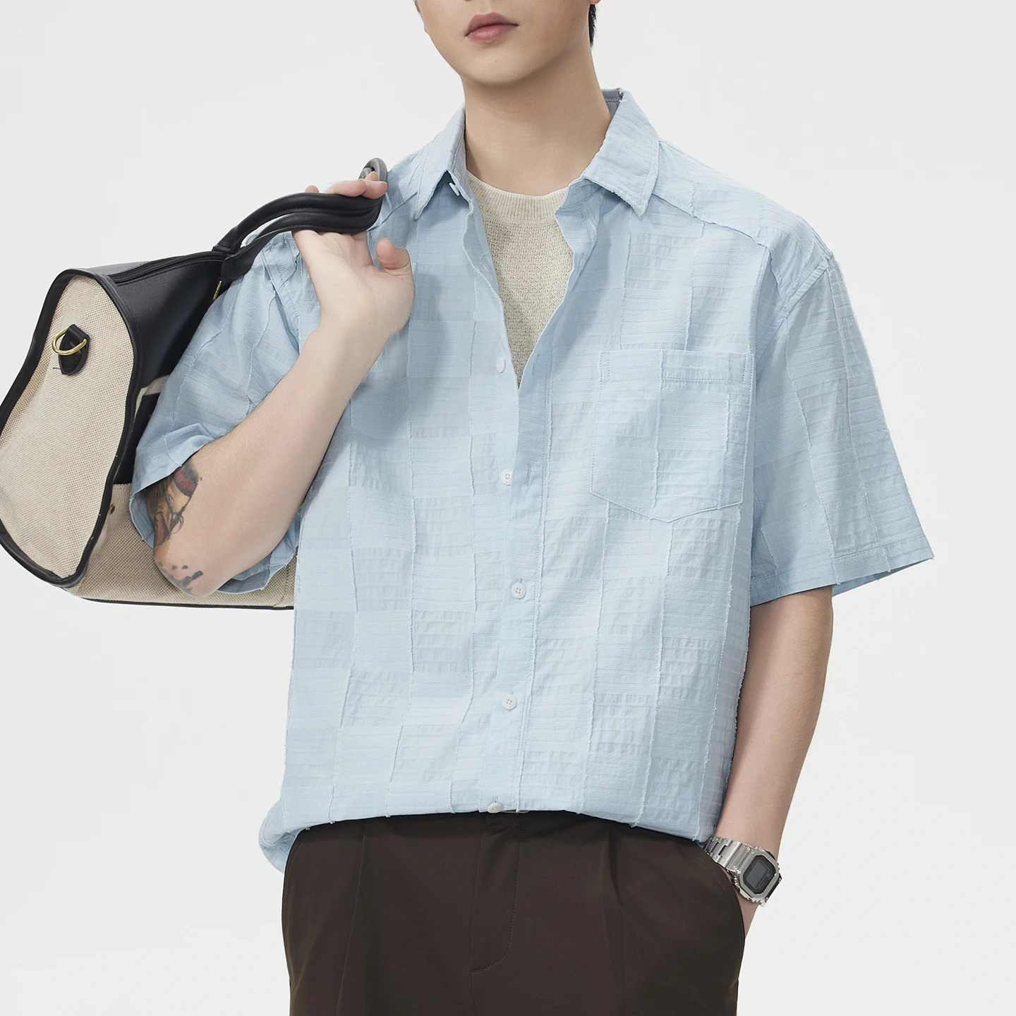 

Men Vintage Fashion Loose Casual Short Sleeve Commute Shirts Man Japanese Korean Streetwear Shirt Summer Lightweight Plaid Shirt