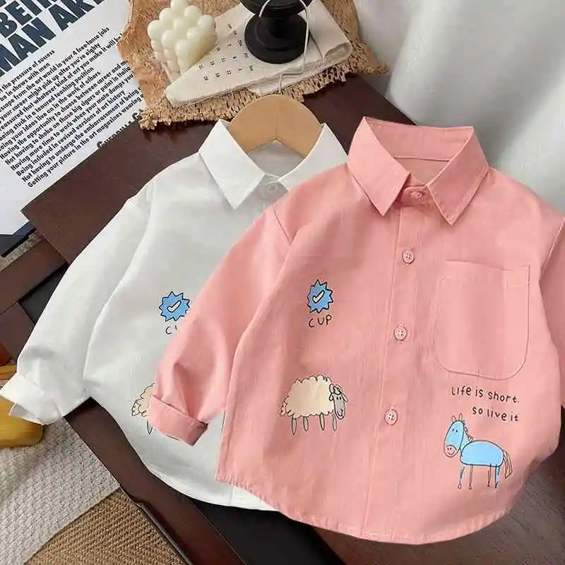 عارضة الأولاد القطن الكرتون قميص مطبوع الخريف جديد طفل الفتيات رقيقة رفض طوق معطف الأطفال طويلة الأكمام أعلى