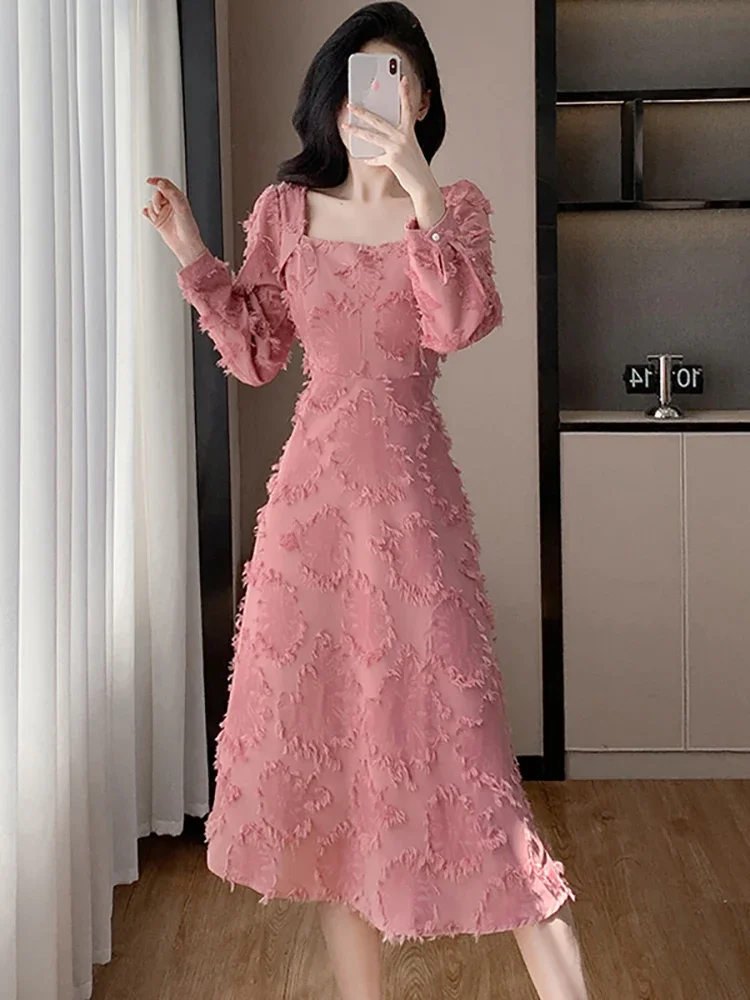 Spring Autumn Pink Jacquard Sqaure Collar Long Dress Women Elegant Casual Home Dress 2025 New Korean Fashion International Dress