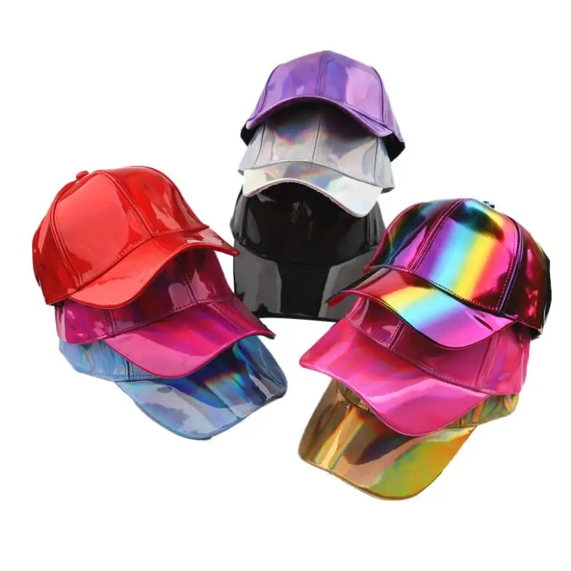 

50pcs Christmas Shiny Hat Laser PU Leather Baseball Cap Holographic Metallic Color Hats Rainbow Reflective Hip Hop Rave Supplies