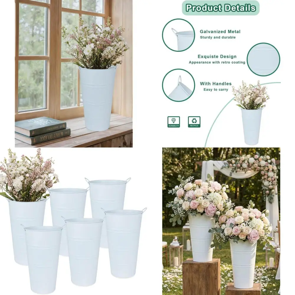 

Set of 6 White Galvanized Metal Flower Vases with Handles, Rustic Decorative Tall Buckets for Farmhouse and Wedding Settings