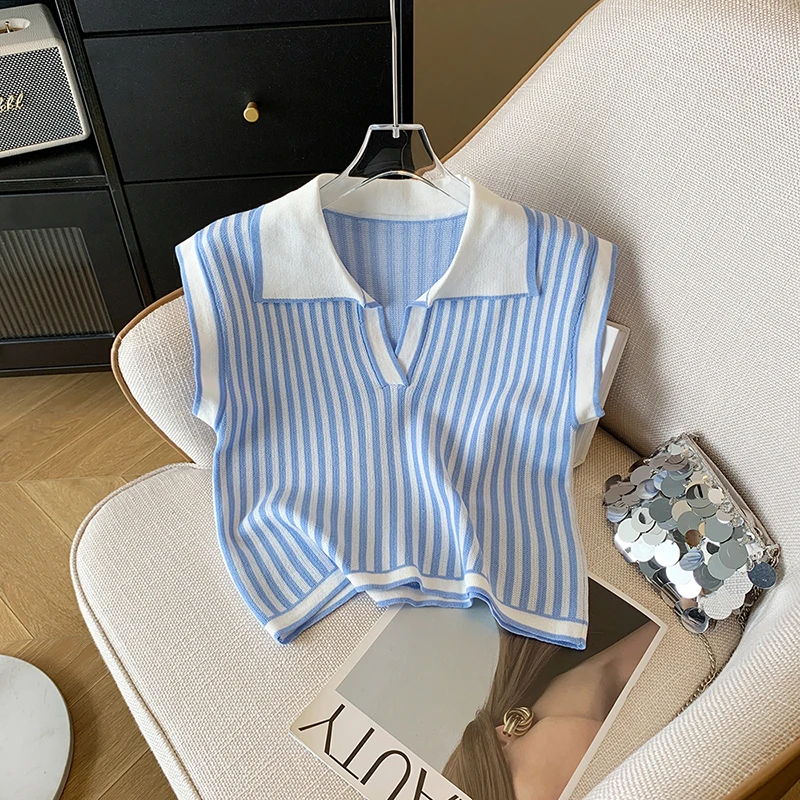 Striped Two-Piece Skirts Set Women Knit Korean Elegant Turn-Down Collar Blue Suit Fashion Elastic Chic Office Lady Shirts Skirts