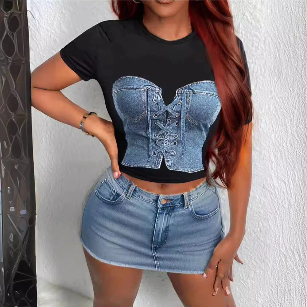

2025 Denim Print Crew Neck T-Shirt Casual Short Sleeve Tee For Spring Summer Women's Clothing Sexy Black Splice Cropped Tops