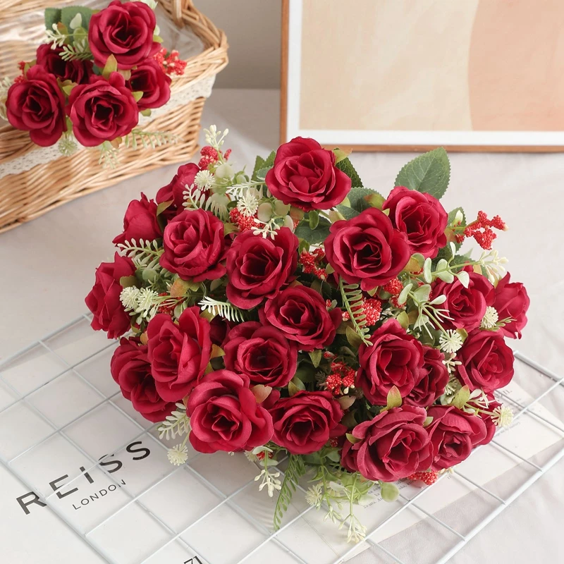 1/2 Stück künstlicher Rosenblumenstrauß für Zuhause, Raumdekoration, künstliche Blumen, Garten, Hochzeit, Party, Dekoration, Outdoor, Weihnachtsdekoration – Detail 3