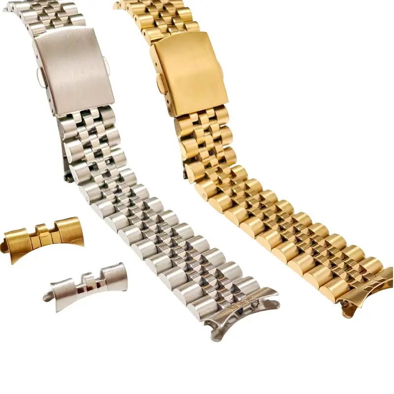 18mm 19mm 20mm 21mm 22mm Stainless Steel Silver Gold Vintage Jubilee Five Rice Beads Curved End Watch Band Strap Bracelet