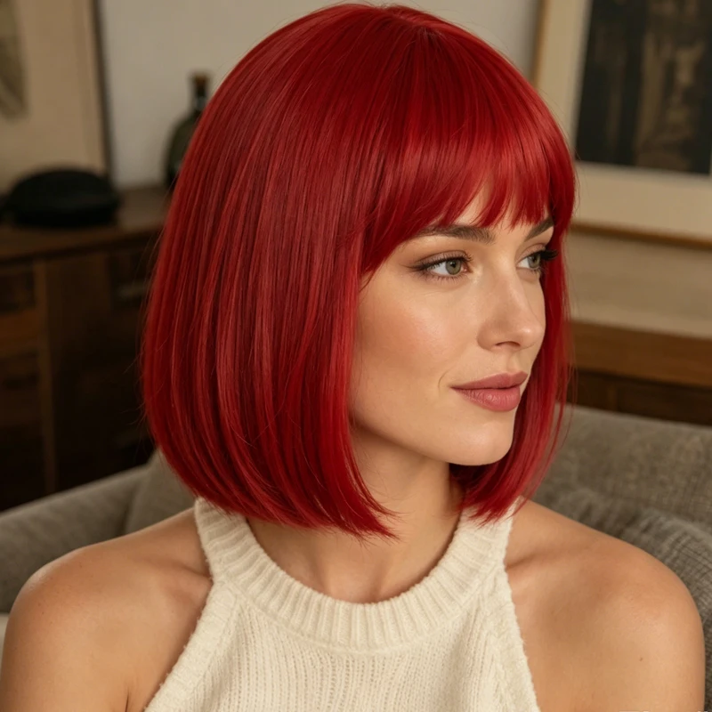 Women's short bob wig, 12 inches, red bangs, synthetic hair for everyday styling.