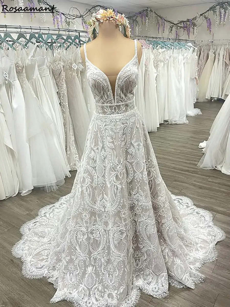 

Bohemian Detachable Sleeve A-Line Wedding Dresses Spaghetti Straps Appliques Lace Country Bridal Gowns