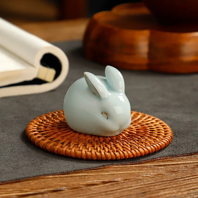 Ru Kiln Celadon Cute Rabbit Tea Pet, Ceramic Tea Play, Animal Statue, Gongfu Tea Accessories,Zen Home Decoration