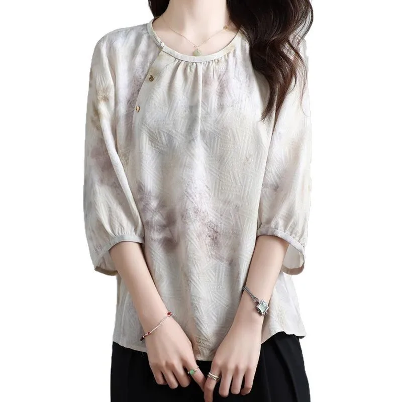Chinese Style New Silk Shirt High-End Top Women's round Neck Mother's Printed T-shirt Summer Clothing