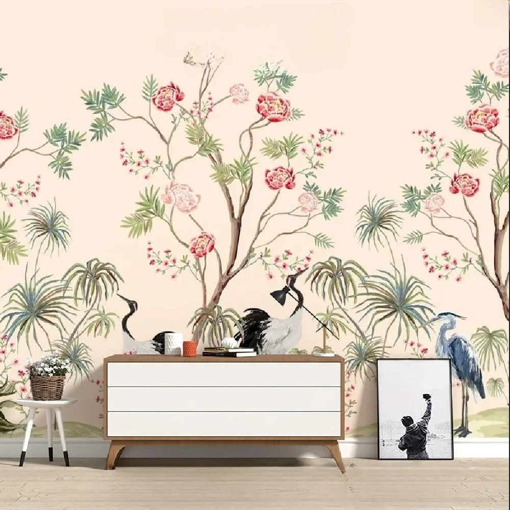 Customized Wallpaper New Chinese Flower Bird Crane Tree flower bird painting Sofa Study TV Background Wall Decorative Wallpaper