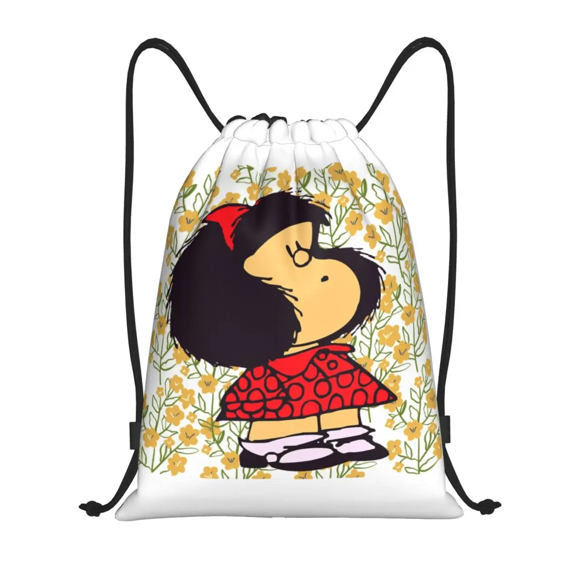 Aangepaste Mafalda en bloemen tas met trekkoord heren dames lichtgewicht Argentinië Manga Quino cartoon sport gym opslag rugzak