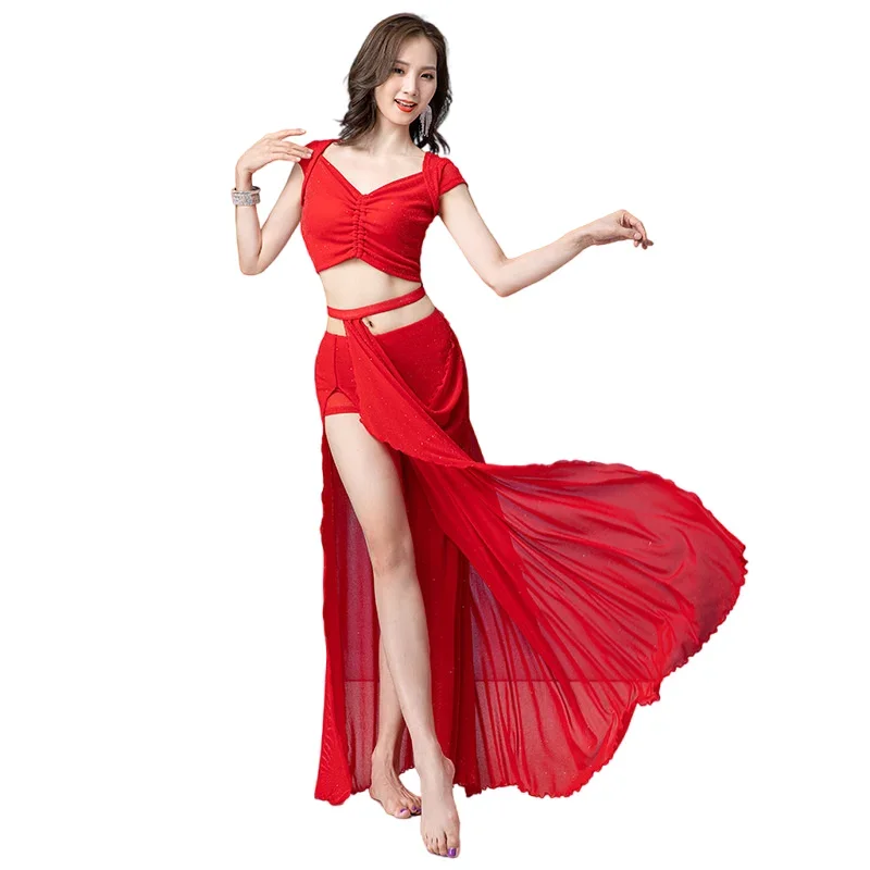 

Skirt Outfit Fairy Short Sleeve Oriental Costume Red Silver Gauze Dance Wear Women 2 Piece Bellydance Practice Clothes Sexy