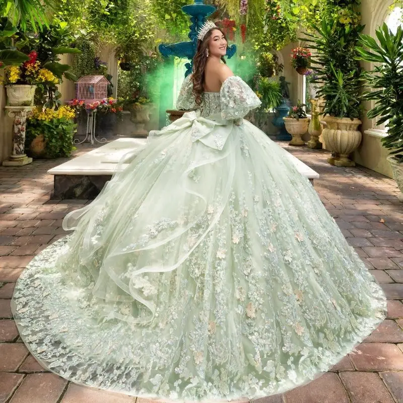 EVLAST Sage Green Quinceanera Платье Бальное платье с 3D цветочной аппликацией и бантом из бисера с пышными рукавами Sweet 16 Vestidos De XV 15 Anos SQ15