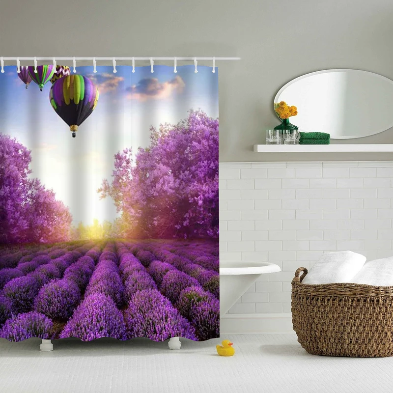 Beautiful Purple Flower Floral Printed Shower Curtains Lavender Hot Air Balloon Pattern Frabic Waterproof Polyester Bath Curtain