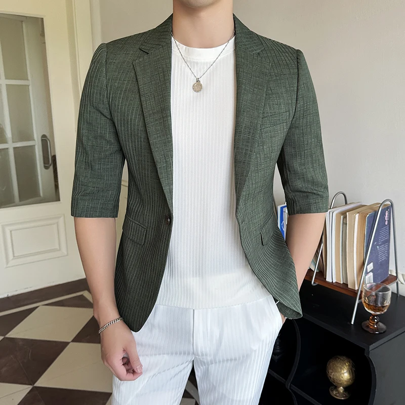 2024 High-quality Summer Suit Men's Seven-point Sleeve Suit Stylish and Handsome with A Thin Cool Breathable Striped Suit  M-5XL