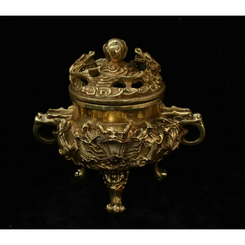 

Chinese Buddhism Temple Bronze Brass Lion Dragon Statue Incense Burner Censer