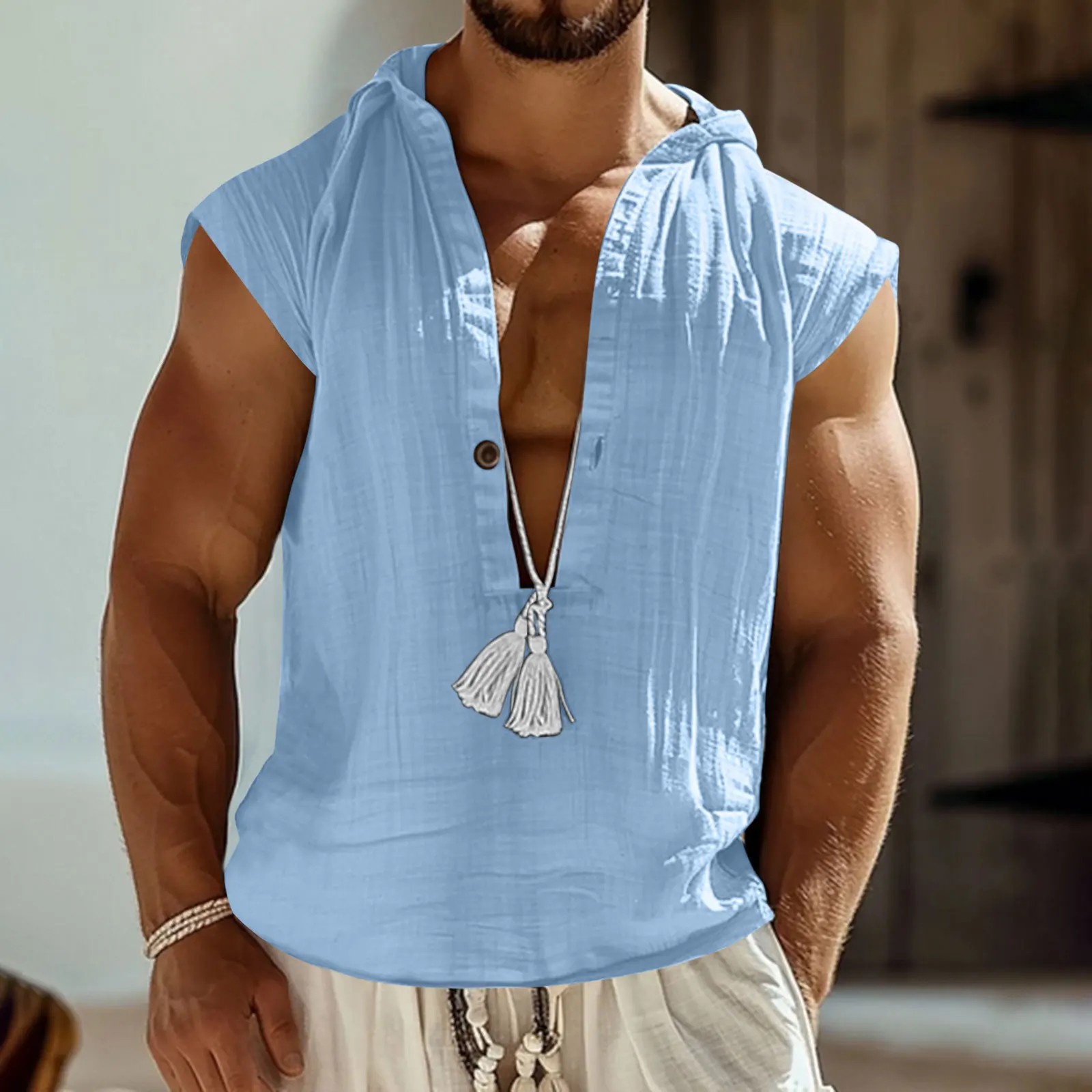 Linen Vintage Men Sleeveless Deep V Neck T-Shirts 2026 Summer Casual Men Loose Hooded Vest Shirt Daily Breathable Beach Tank