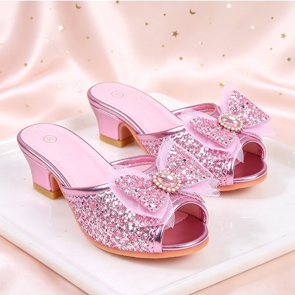 Fairy Little Girls Princess Slide Slippers Open Summer Children's Shiny Sequin Sandals Elegant Kids Toe Mid Block High Heel Shoe - view 5