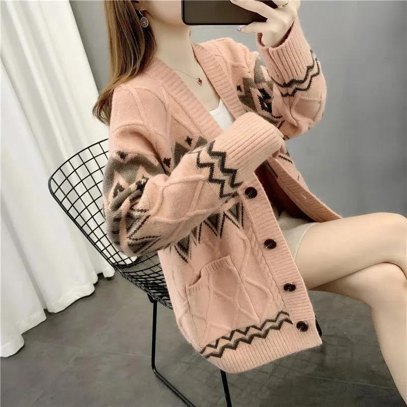 2025 New Sweater Coat Women Loose Spring Autumn Jacquard Wearing Online Celebrity Knitted Cardigan Korean Lazy Wind Top Female