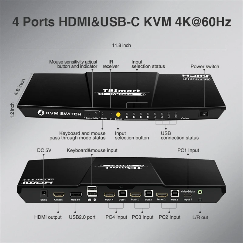 TESmart  4 Way USBC HDMI KVM Switches support HDCP 2.2 HDR10 IR Remote L/R Audio 4K60hz KVM Switch