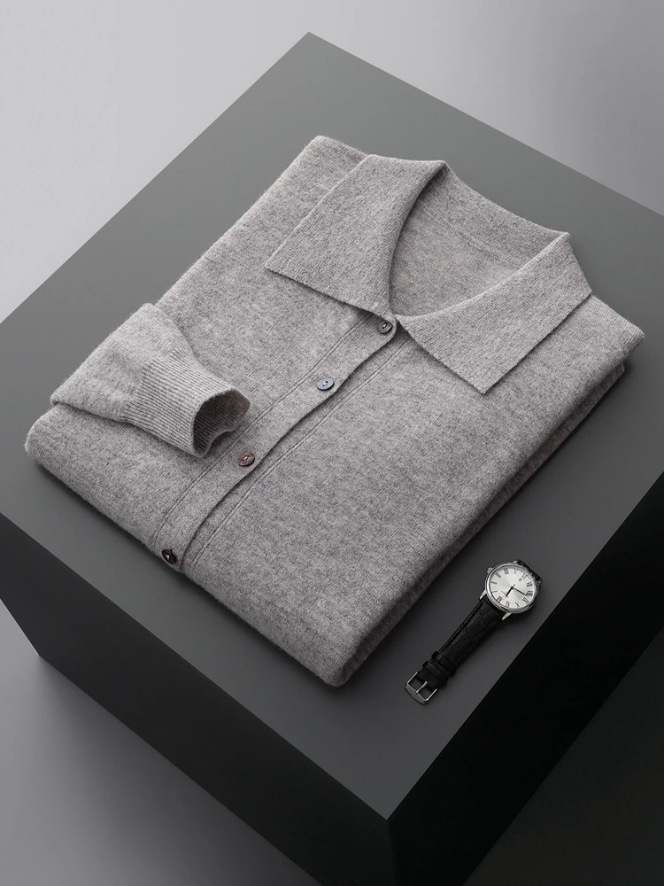 

Quality Men Cashmere Cardigan Spring Autumn 100% Merino Wool Sweater Smart Casual Knitwear Turn-down Collar Korean Tops