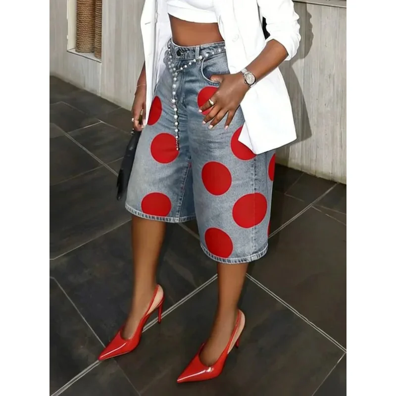 Vintage Y2K Red Polka Dot Jeans Women's High Waist Wide Leg Five-point Denim Shorts Patchwork Washed Elegant 2026 Summer Bottoms