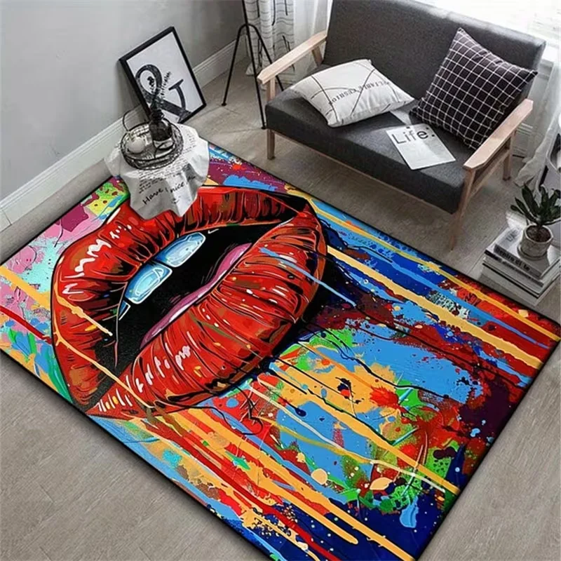 Graffiti Red Lips Printed Area Rug Non Slip Washable Floor Mat for Living Room Bedroom Modern Artistic Home Decor Carpet