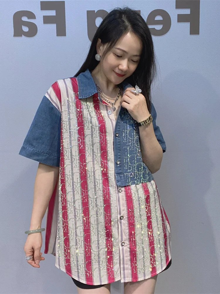 

Summer New Women's Plaid Denim irt Letter Rhinestone Splicing ort Sve Casual Sle Loose Fit Street Sle Top