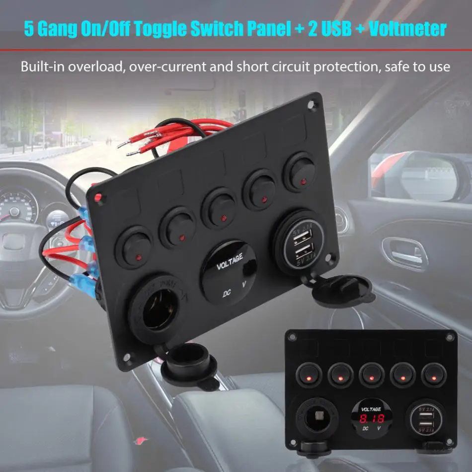 5 Gang ON-OFF Rocker LED Voltage Display 5V 3.1A USB Charger with Cigarette Lighter Switch Panel for Car RV Motorboat Yachts