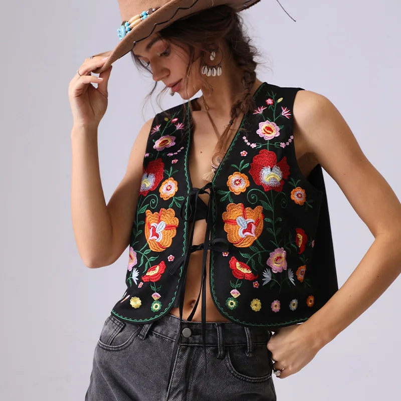 Boho Retro Etnisch Geborduurd Vest Dames Lente Zomer Bloemenborduurwerk Zwart Vest Gebonden Vocation Vintage Dames Tank Tops