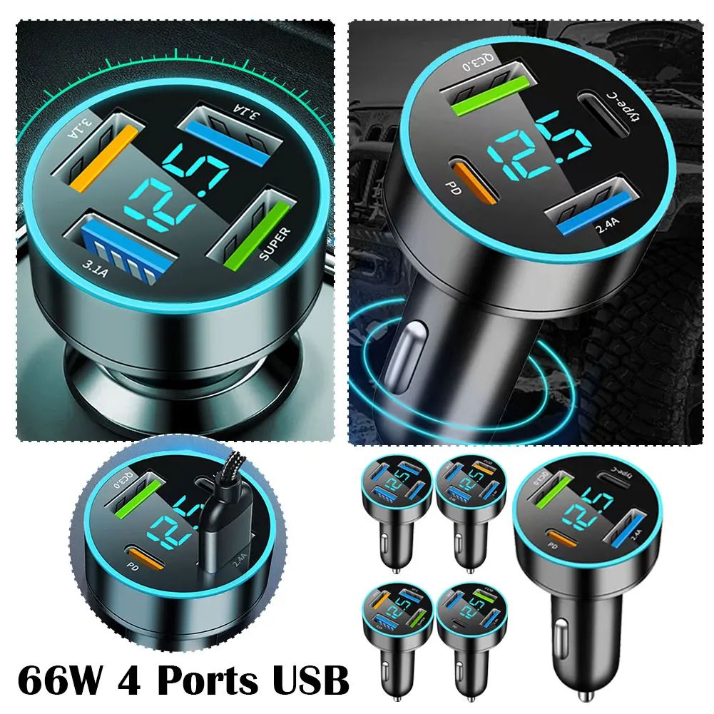 66W 4 Ports USB Car Charger Fast Charging PD Quick Charge 3.0 USB C Car Phone Charger Adapter For IPhone 14 13 