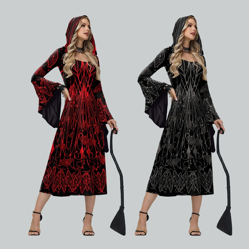 

Halloween Witch Cosplay Dresses Insect Pattern Flared Sleeve Hooded Dress Festival Party Costume Y2K Gothic Carnival Show Outfit