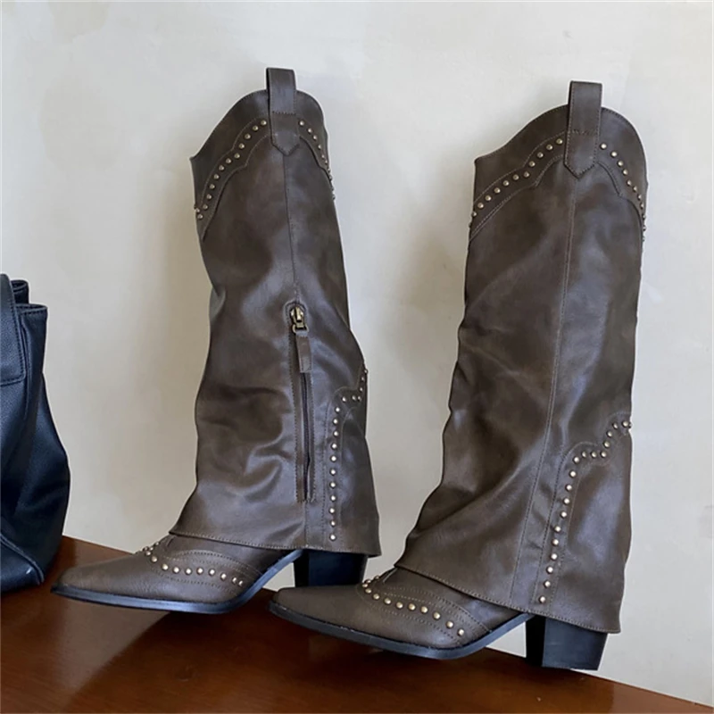 Aneikeh كعب مربع سستة أحذية 2026 الخريف الشتاء تصميم برشام أشار تو أحذية عالية في الركبة امرأة بوتاس Largas De Mujer