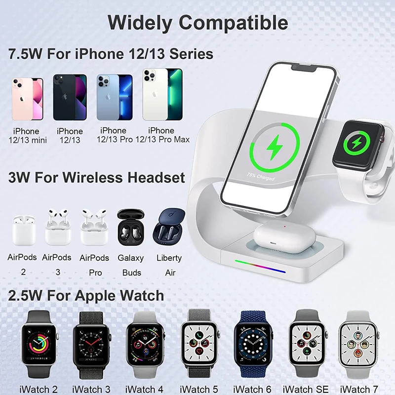3 Trong 1 Từ Tính Không Dây Sạc Đứng Cho IPhone13 12 Cảm Ứng Sạc Nhanh Incarcator Giá Đỡ Đồng Hồ Apple 7 6 SE tai Nghe AirPods Pro