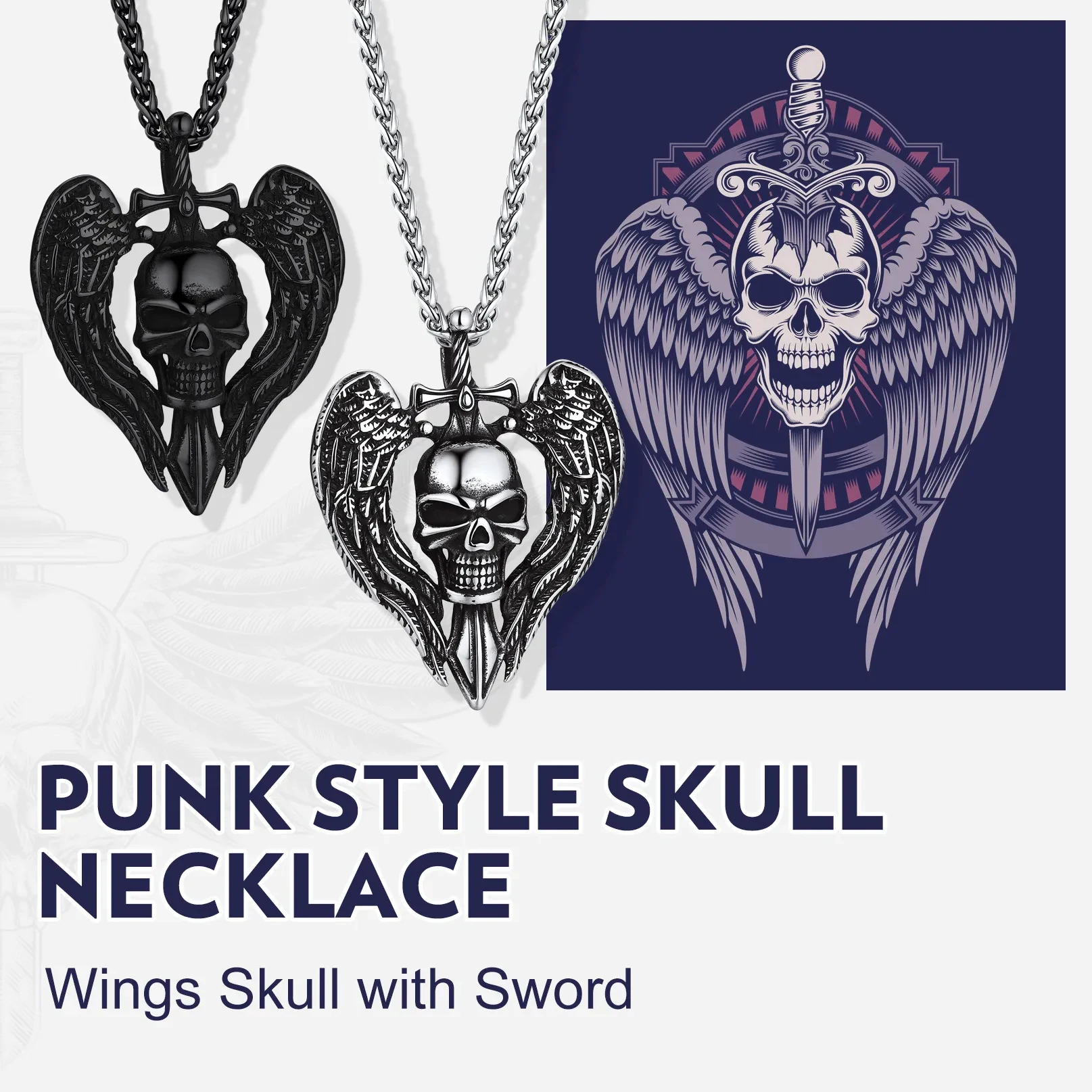 Chainspro Skull Necklaces For Man Vintage Gothic Design Sword Wings Skull Head Pendant With 22Inches Chains Cool Gift For Him