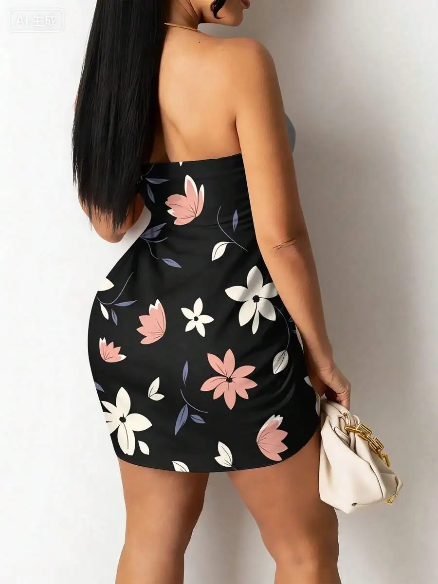 

Summer Strapless Floral Print Bodycon Dress With Slit For Women