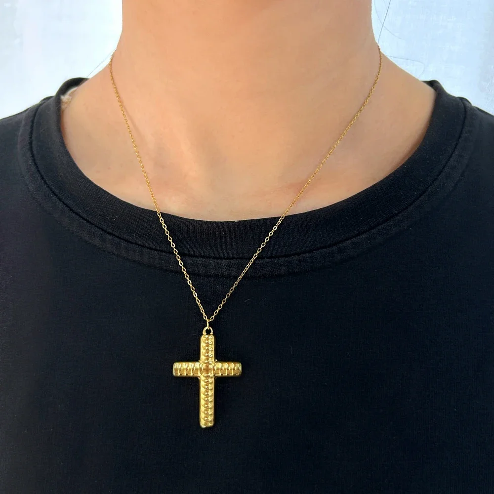 Unisex 2 Different Side Stainless Steel Cross Pendant Necklace Chic Gold Silver Christian Pray Jewelry Waterproof