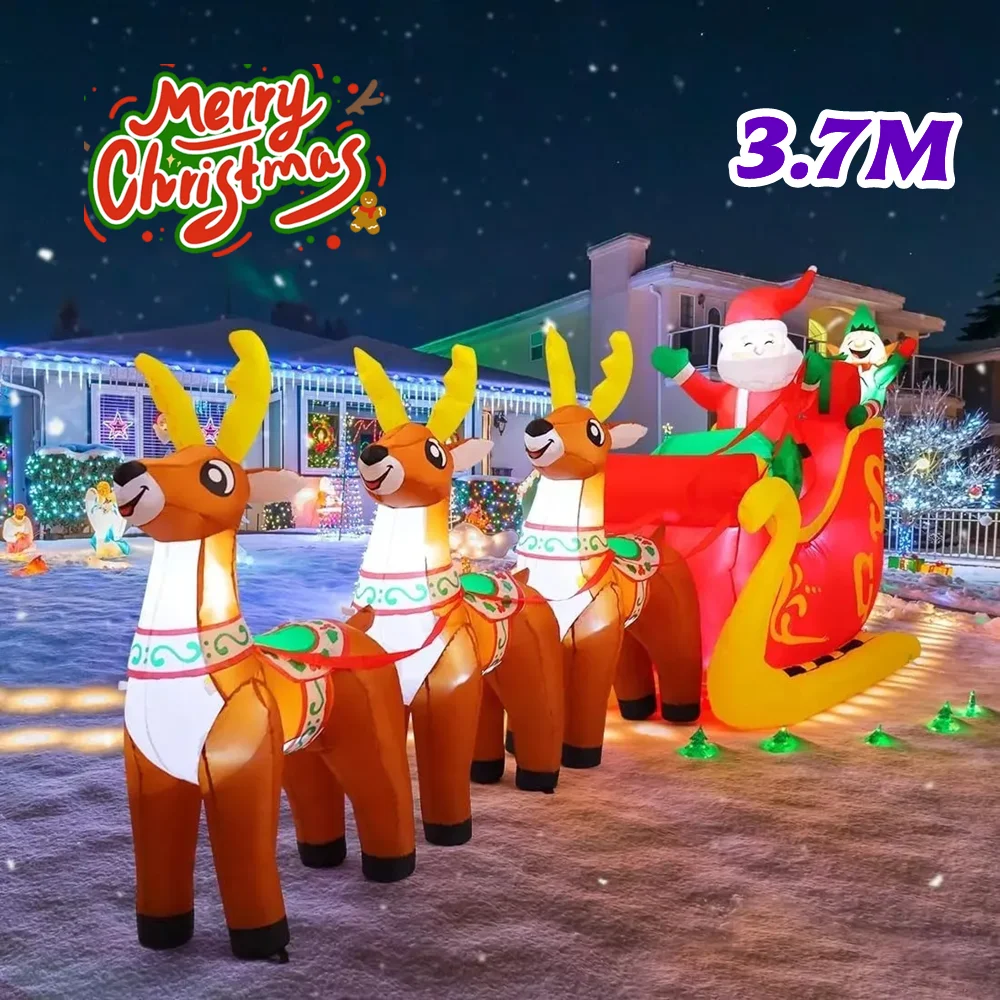 Christmas Inflatable Santa Claus Rides On A Sled Pulled By Three Reindeer, Carrying A Gift Box And Built LED,For Courtyard, Lawn