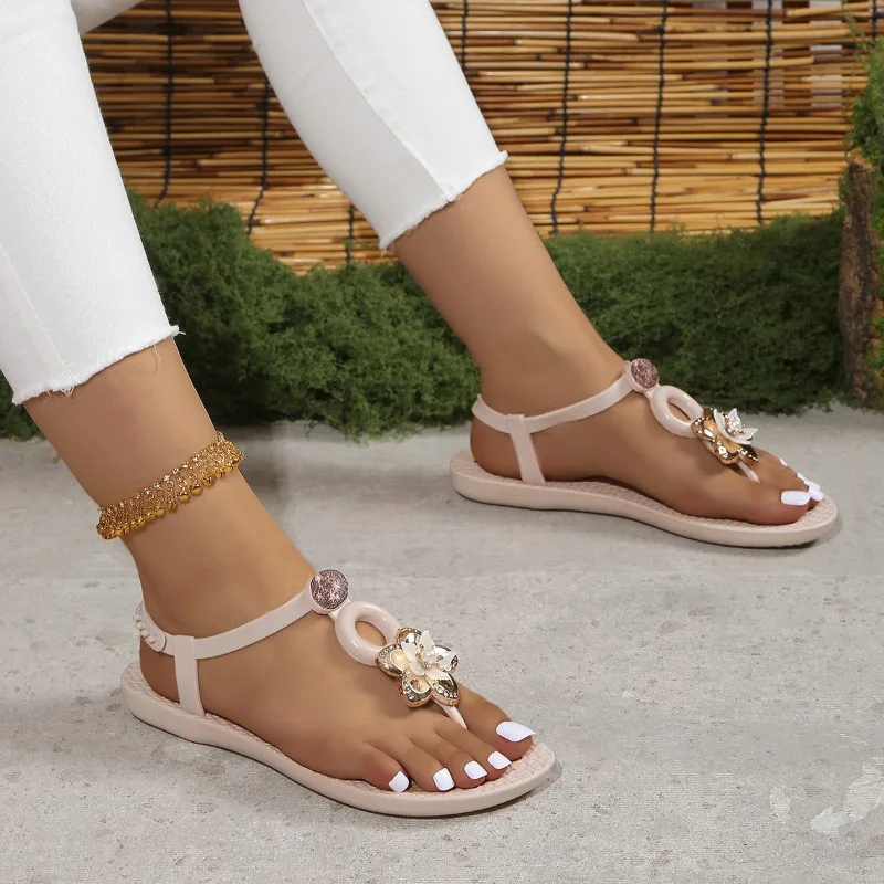 Shoes for Women 2024 Hot Sale Pinch Toe Women Sandals Summer Rome Flower Decoration Solid Solft Sole Light Casual Beach Sandals