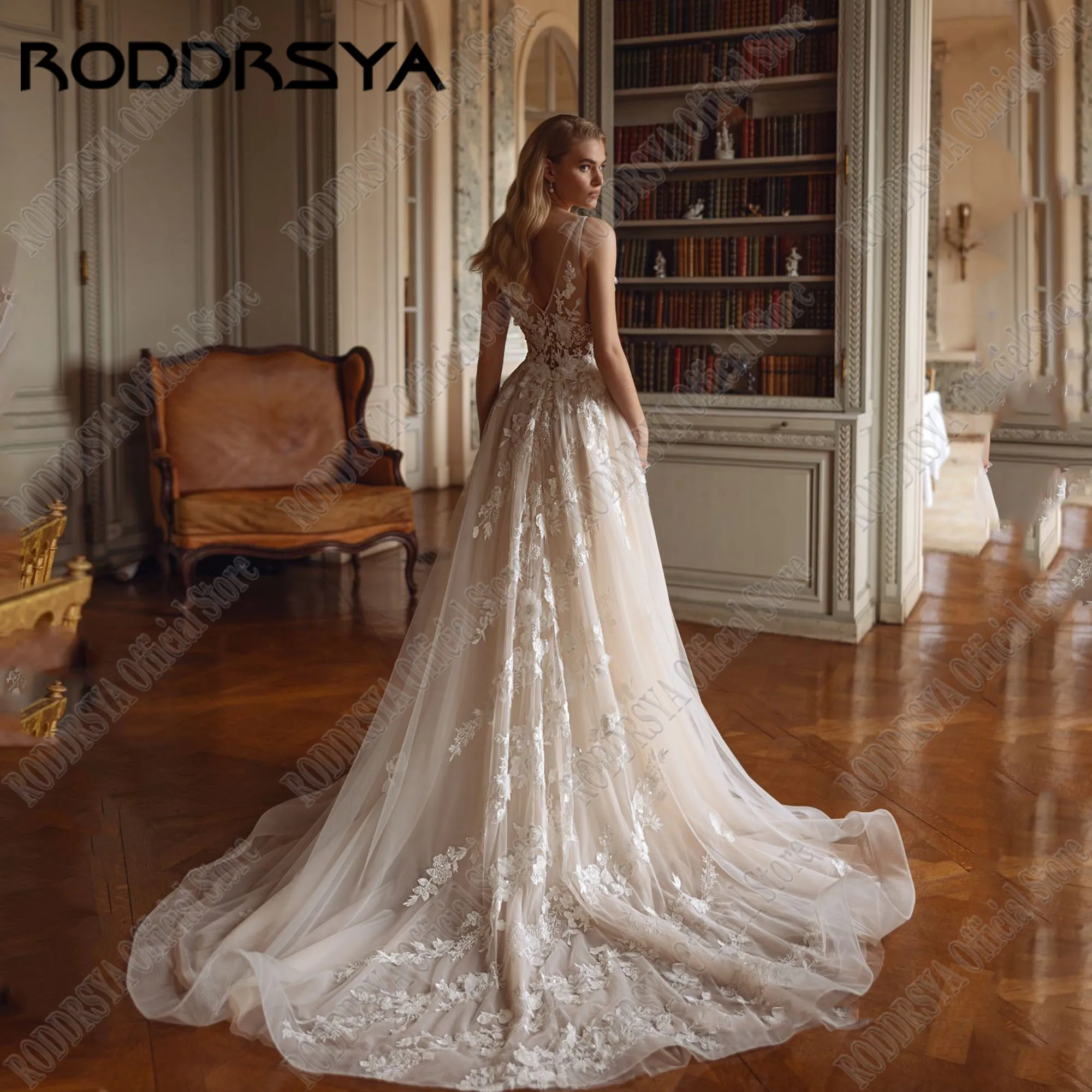 RODDRSYA Customized A Line Sexy Deep V Neck Bride Wedding Dresses Applique Sleeveless Lace Boho Bridal Gown Vestido Sweep Train