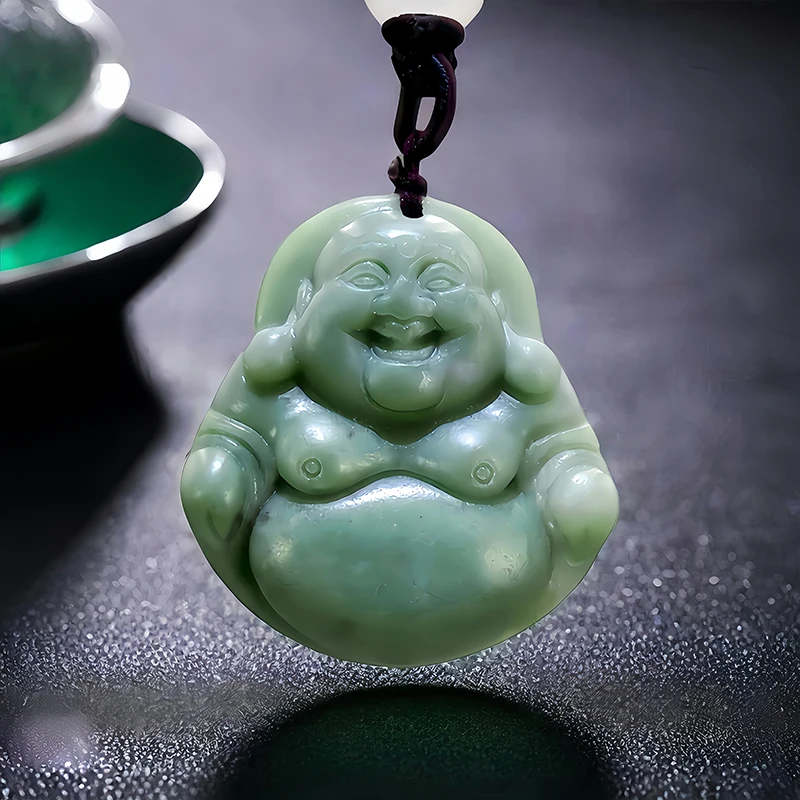 Green Natural Real Jade Maitreya Buddha Pendant Necklace Stone Luxury Fashion Accessories Vintage Designer Gifts for Women Men