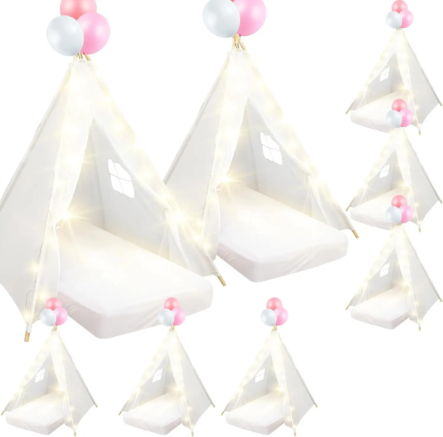 8 Pack Kids Teepee Tents for Sleepover Slumber Party,White | Party Tents Bulk with Inflatable Air Mattresses, Star Light, Balloo