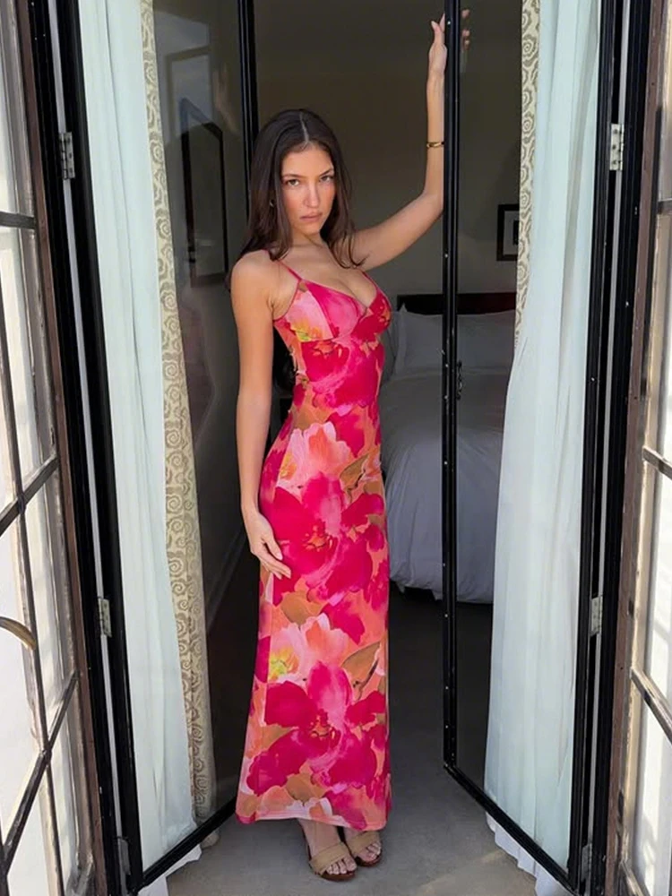 เดรสสายเดี่ยววันวาเลนไทน์ลายดอกไม้สีสันสดใสสำหรับผู้หญิง โชว์หลัง คอลึก เซ็กซี่ เหมาะสำหรับวันหยุดพักผ่อนฤดูร้อน ออกเดท ทรงเข้ารูป